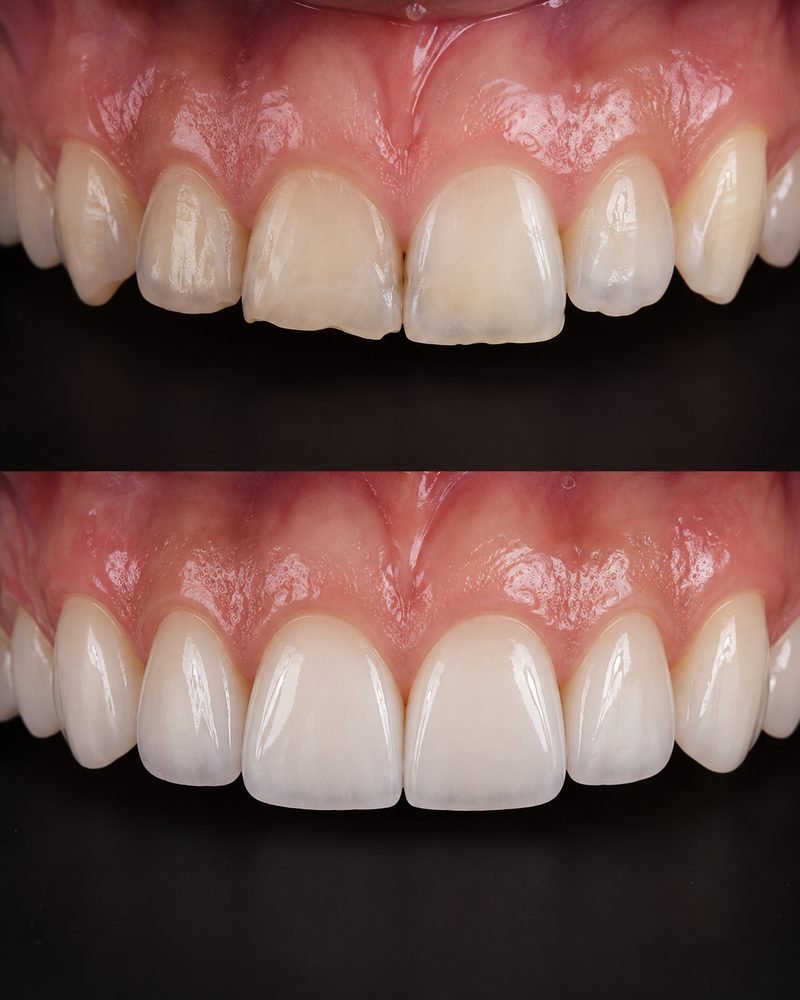 Dentes da frente antes (acima) e depois (abaixo) das facetas em resina